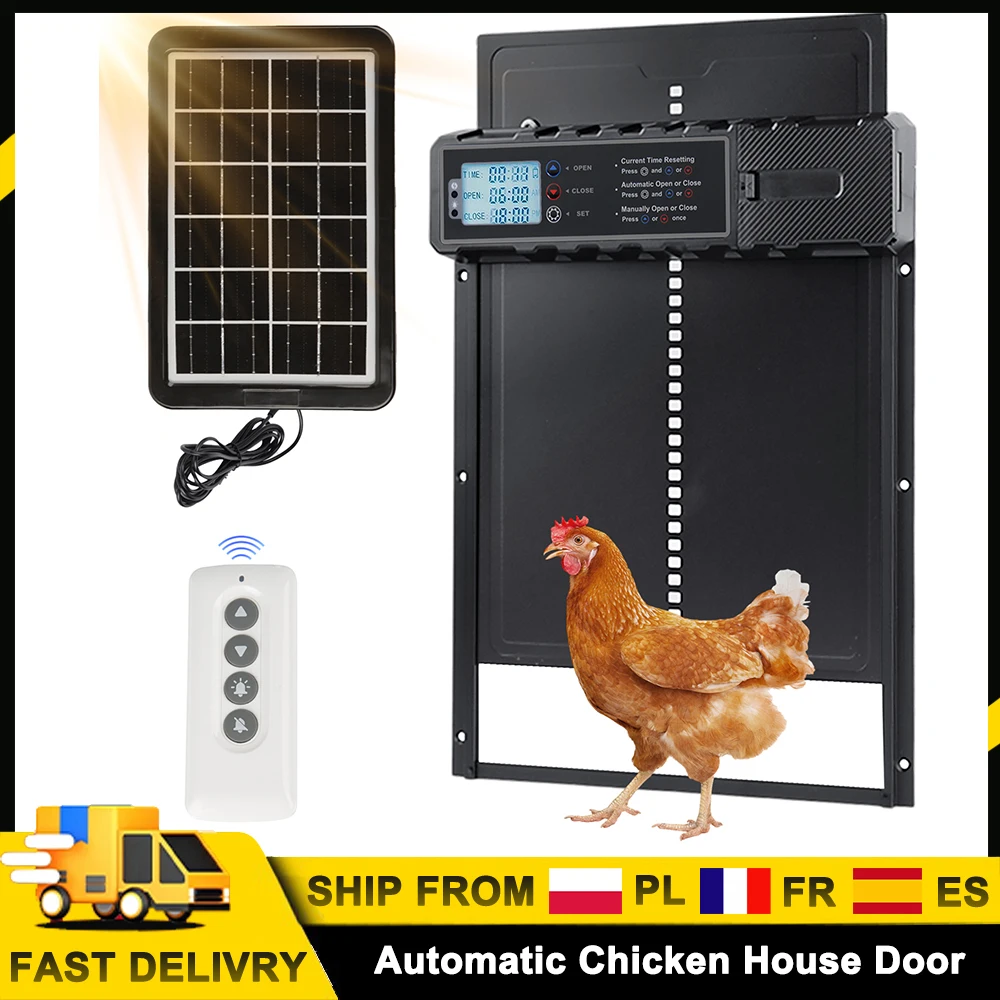 Nouvelle porte automatique pour poulailler avec batterie rechargeable solaire et USB, autonomie jusqu'à 15 jours, modes télécommande, minuterie et manuel pour la ferme