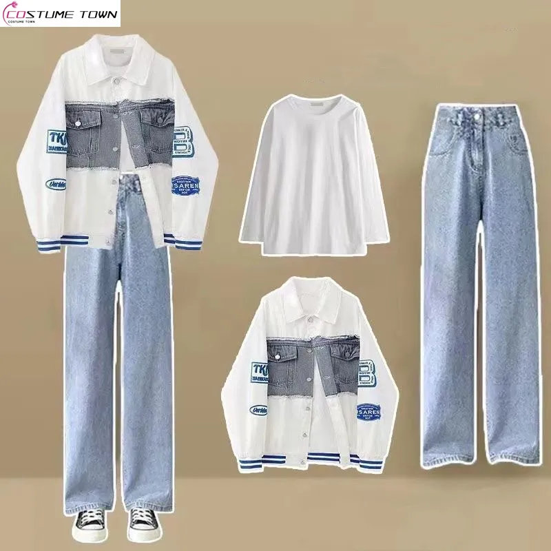 

Splicing baseball jacket+long sleeved T-shirt+high waisted jeans women's autumn and winter set three piece set