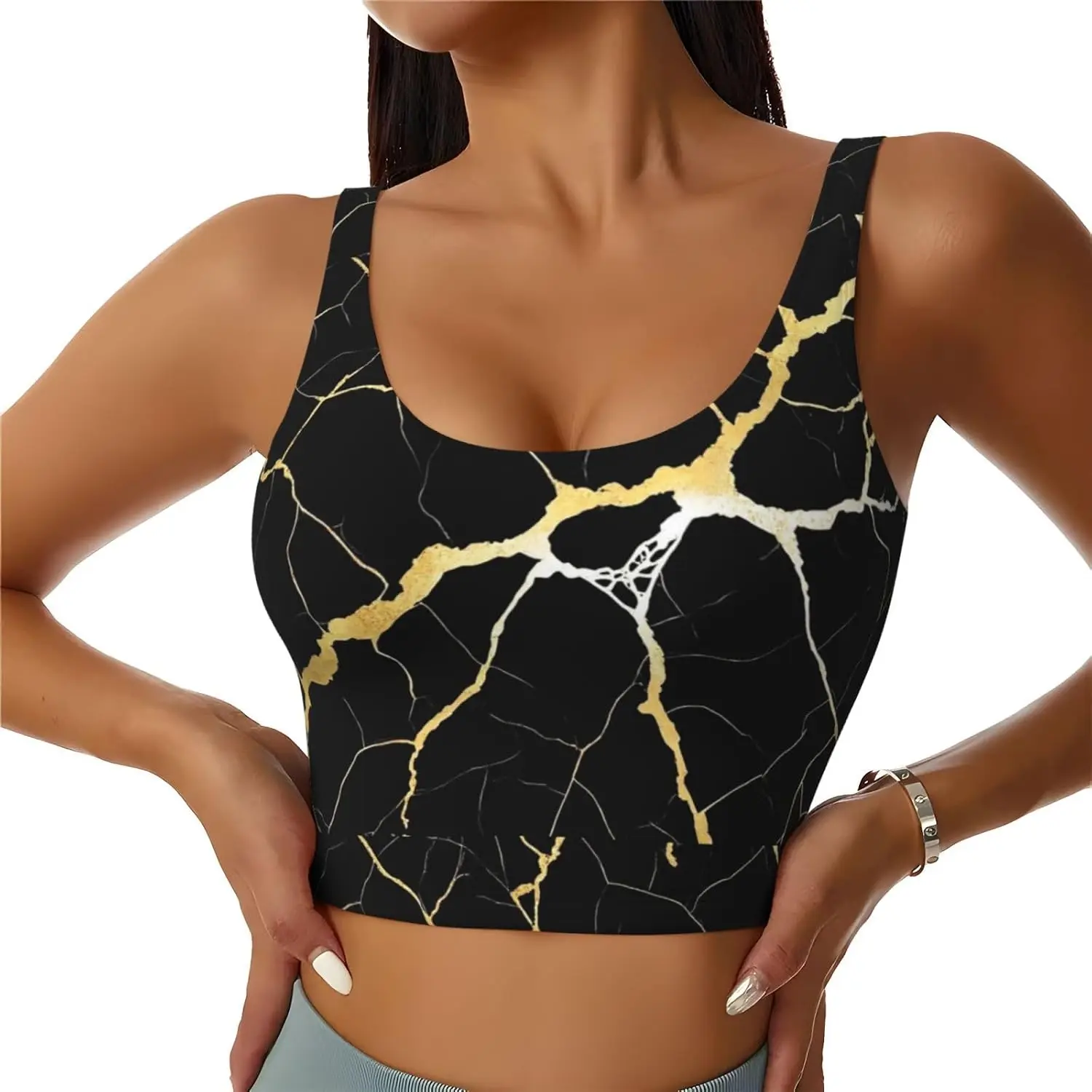 Women Black Gold Marble Print Crop Tank Top U‑Neck Sleeveless Slim Fit Cropped Vest Soft Stretchy Casual Workout Street Fashion