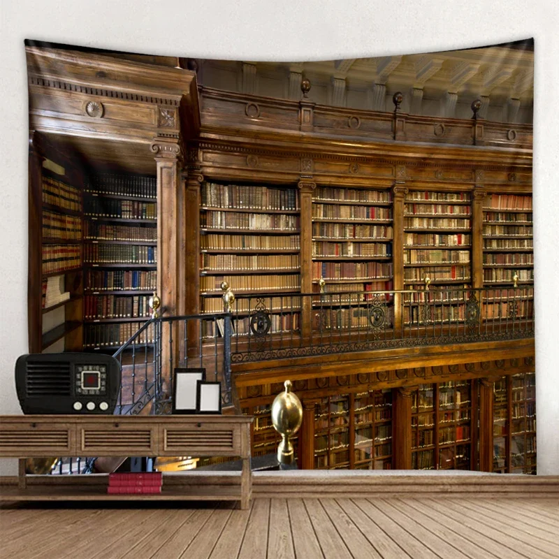 Retro bookshelf 3d digital printing tapestry book wall hanging art wall tapestry mysterious library tapestry