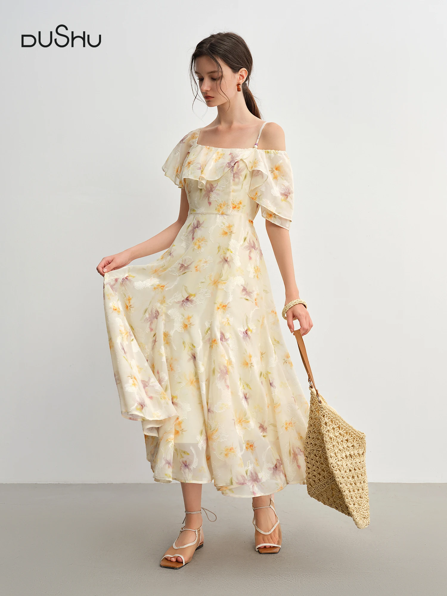 

​DUSHU Summer 2025 Printed Dress - Fluid Ruffle Hem Botanical Midi Maxi Resort to Office​