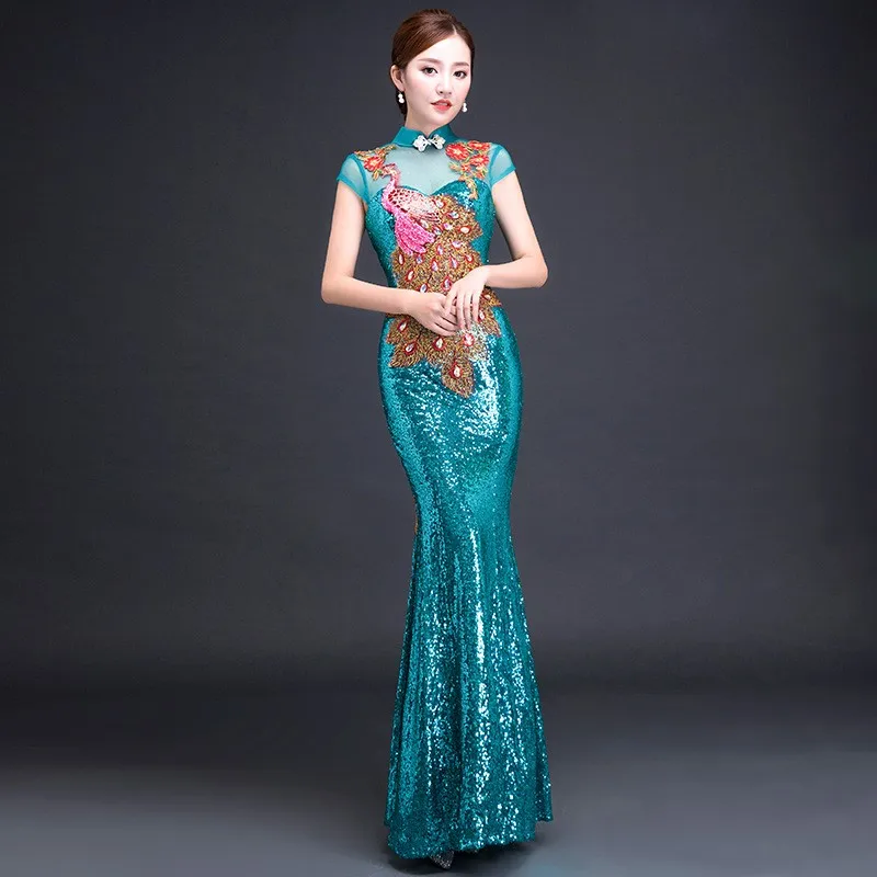 

Evening dress for women fashionable long banquet fishtail sequined performance improved cheongsam