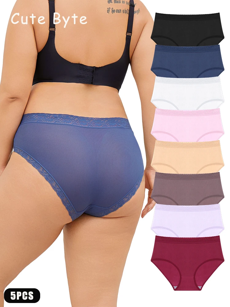 5 stücke Frauen Hohe Taille Bequeme Unterhose Einfarbig Atmungsaktive Unterhose Gestreiften Plus Größe Briefs Hohl Dekoration L-4XL