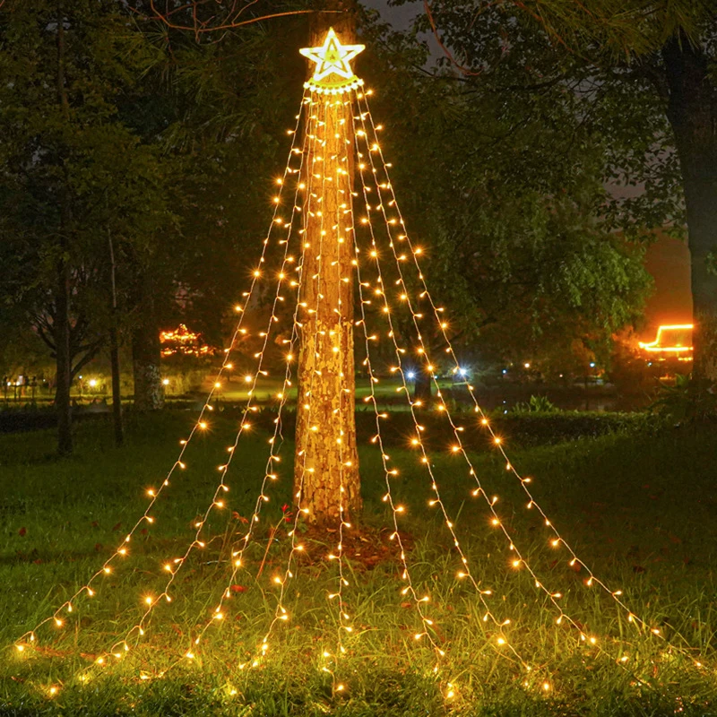 Wodoodporne łańcuchy świetlne Pentagram Waterfall - 350 diod LED z 8 trybami na podwórko, kemping, zewnętrzne dekoracje świąteczne