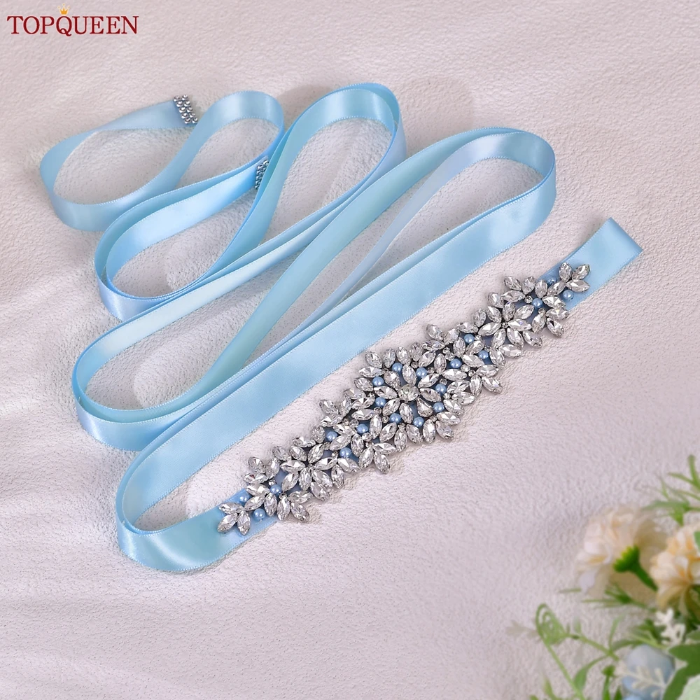 TOPQUEEN Bridal Wedding Belt Light Blue Pearl Decoration Hand Sewn Rhinestone Sash Suitable for Party Banquet Dresses S121