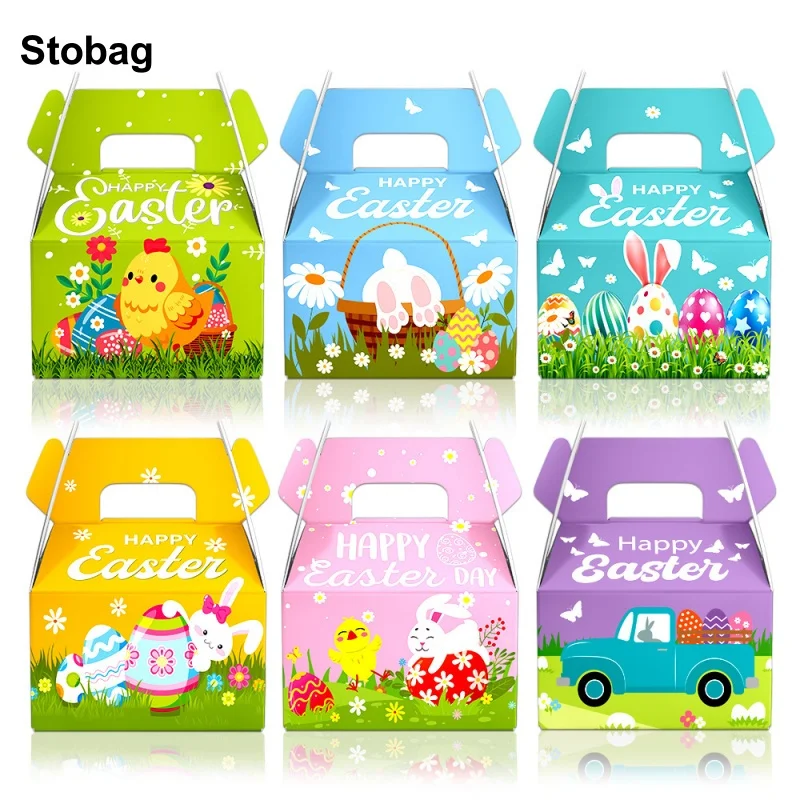 

StoBag 18pcs Happy Easter Kraft Paper Gift Tote Box Egg Rabbit Bunny Kids Children Packaging Cake Candy Storage Party Favor