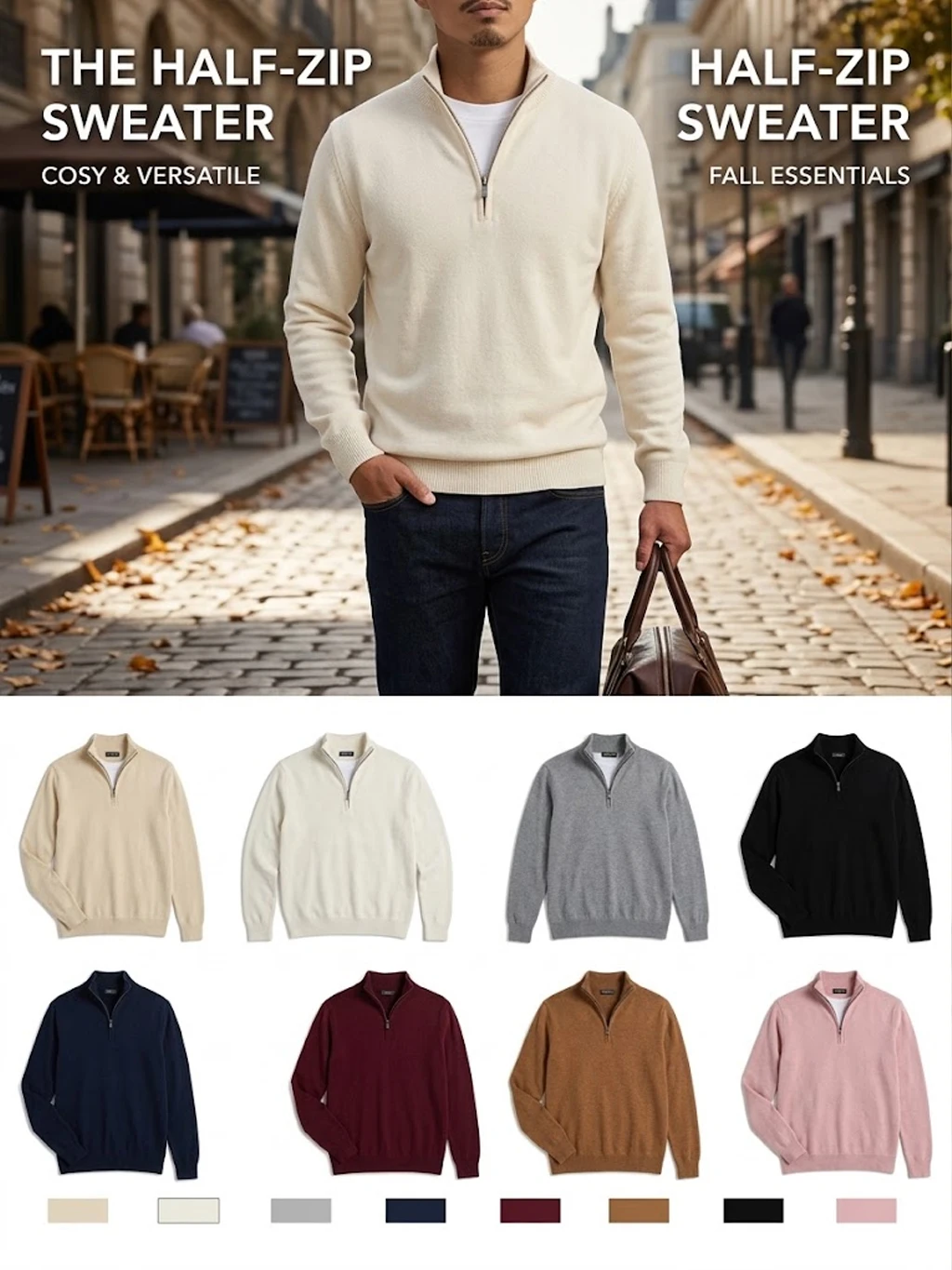 Neuer Herren-Strickpullover mit Reißverschluss, lässiger Stehkragen-Pullover, warmer Langarm-Pullover, einfarbiger Pullover, modischer Winterpullover für Herren – Detail 1