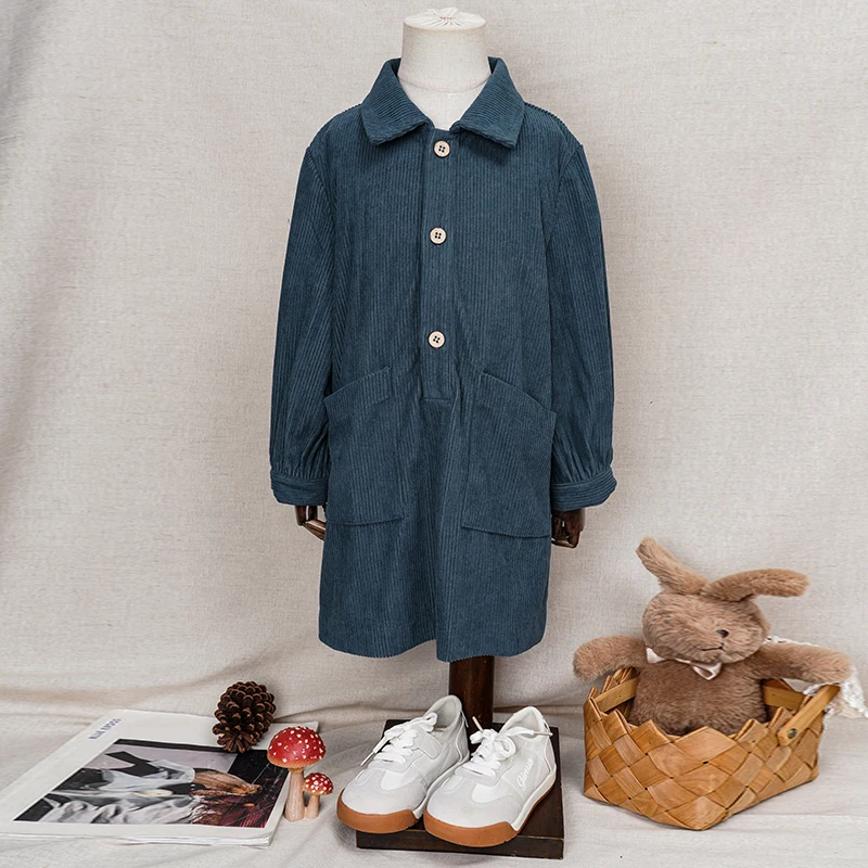 Lässiges Cordkleid für Mädchen 2026 Retro Herbst Neu Kinderkleid mit Revers Knöpfen Langarm mit Taschen Winterkleidung – Detail 16