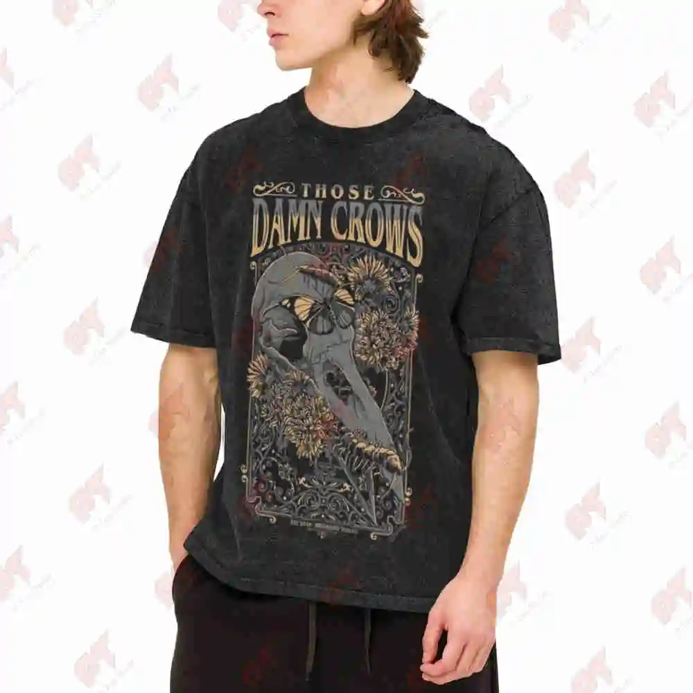 Those Damn Crows Crow Skull Gothic Vintage Washed Tee Pure Cotton T-Shirt