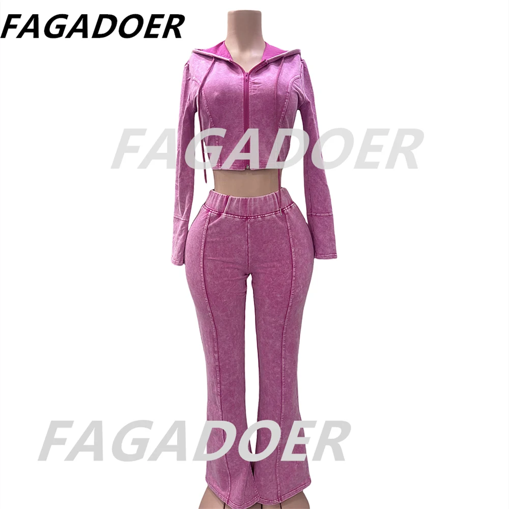 FAGADOER Autumn Winter Quality Rib 2 Piece Sets Women Sport Casual Outfit Zip Hooded Patchwork Jacket And Flare Pants Suits New