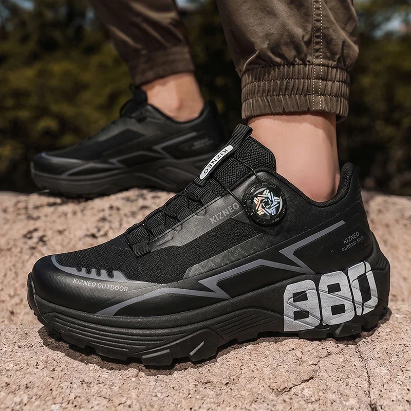 Men Rotating Buckle Trail Running Shoes Breathable Mesh Non Slip Thick Sole Shock Absorbing Outdoor Trekking Hiking Sneakers