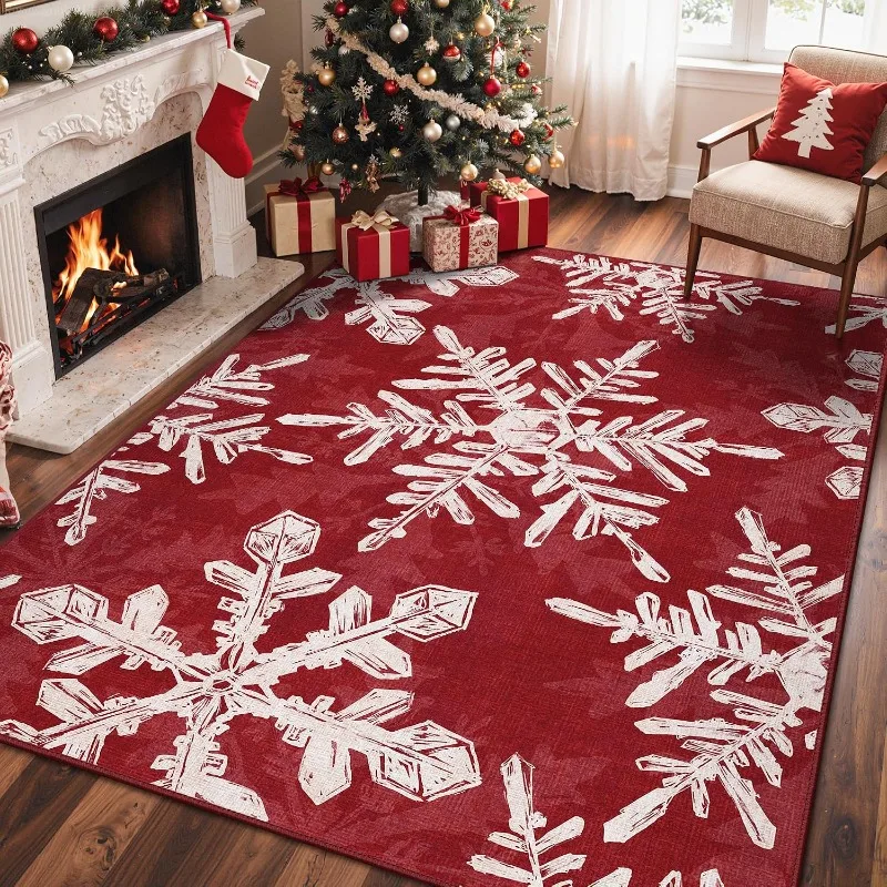 Christmas Style Rectangle Rug Non‑Slip Machine Washable Carpet Red White Snowflake Print Winter Xmas Floor Mat for Indoor Decor