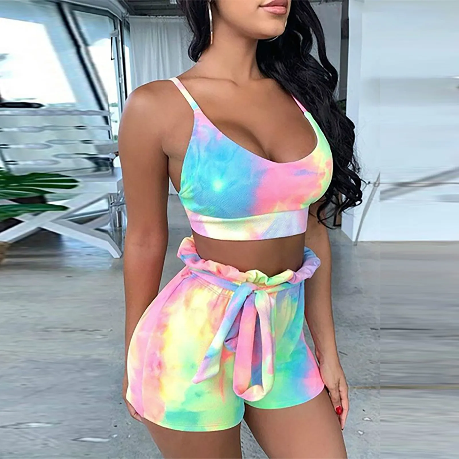 

2024 Summer Casual Fitness Shorts Sets Two Piece Outfits Women Vacation V-Neck Sexy Crop Tops Fashion Thin Straight Shorts Suit