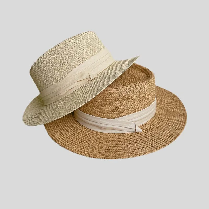 New Arrived Summer Flat Roof Straw Panama Hat French Style Vacation Wide Brim Sunshade Straw Hat Outdoor Sea Beach Women's Sun C