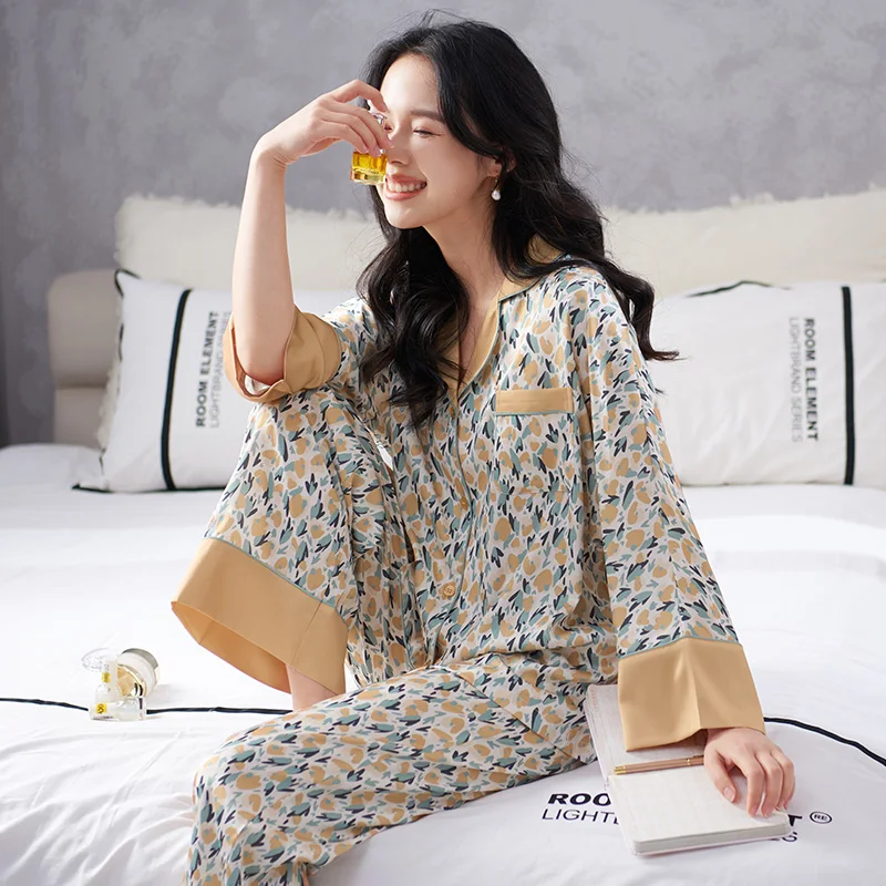 Long Sleeve Floral Pyjamas Women Silk Satins Ladies Pajama Two Pieces Set Indoorwear Homewear Leisure Home Cloth At All Seasons