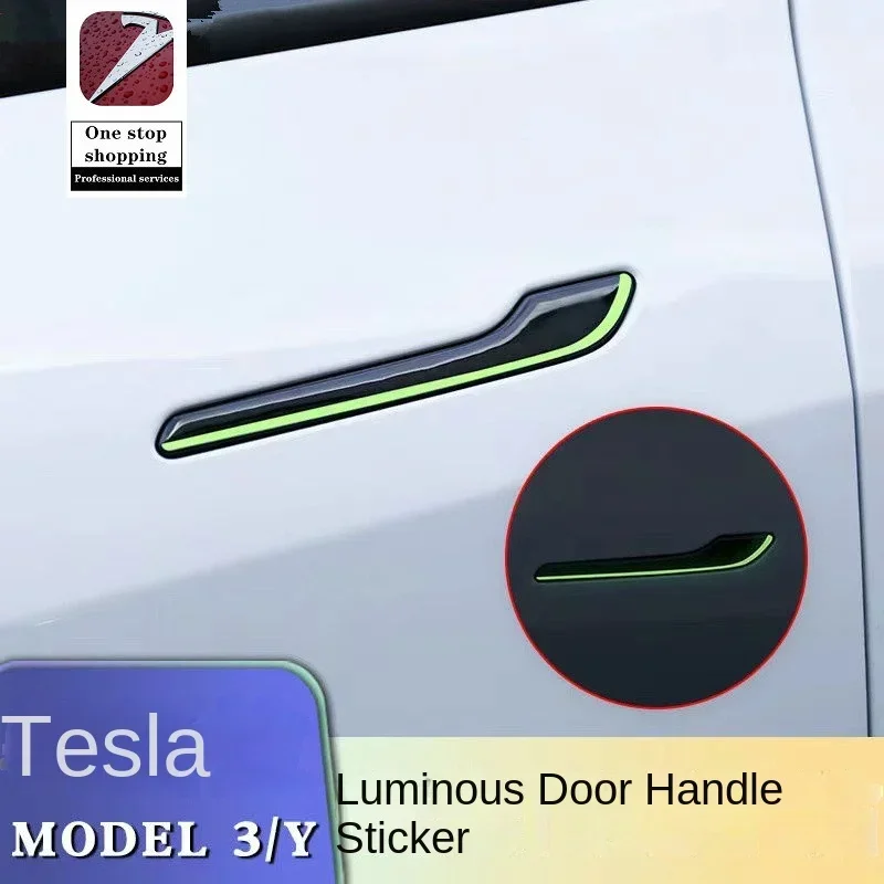 for Tesla Model 3/Y door handles with luminous patches, car handles with fluorescent new protective film, automotive accessories