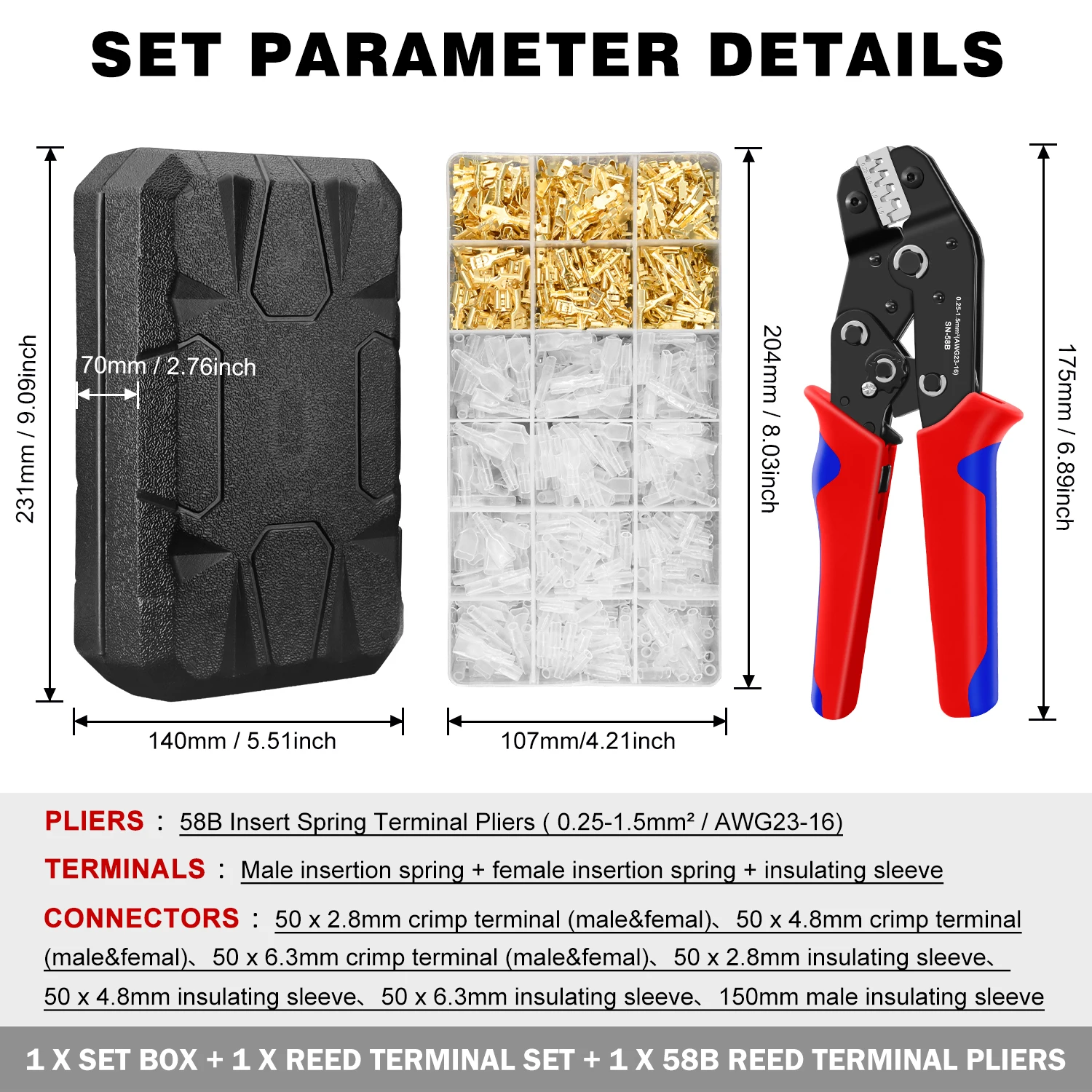 SN-58B Kit di strumenti di crimpatura da 300 pezzi Set di connettori per terminali aperti da 2,8/4,8/6,3 mm con terminali non isolati Pinze a crimpare AWG 23-16