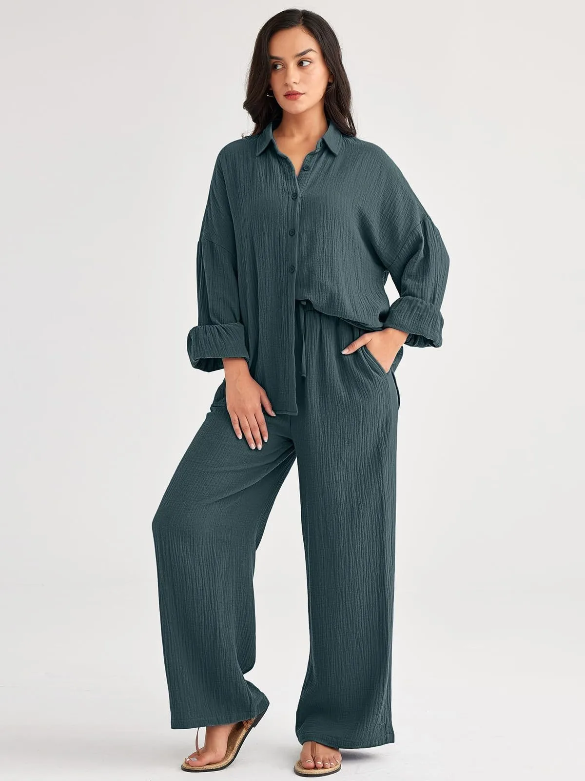 Women's Suit Solid Cotton Linen Two Piece Set Spring Summer Fashion Button Shirt + Pants Sets Casual Loose Style 2 Piece Outfit
