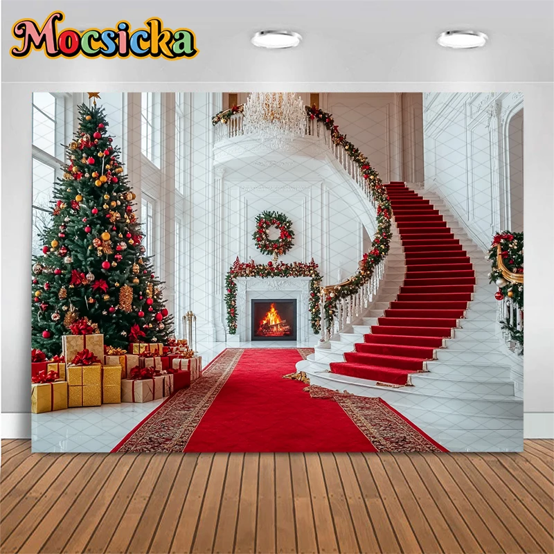 Mocsicka عيد ميلاد سعيد خلفية السنة الجديدة حفلة شجرة قصر الدرج السجادة الحمراء الأبيض الموقد الديكور خلفية المهرجان #2