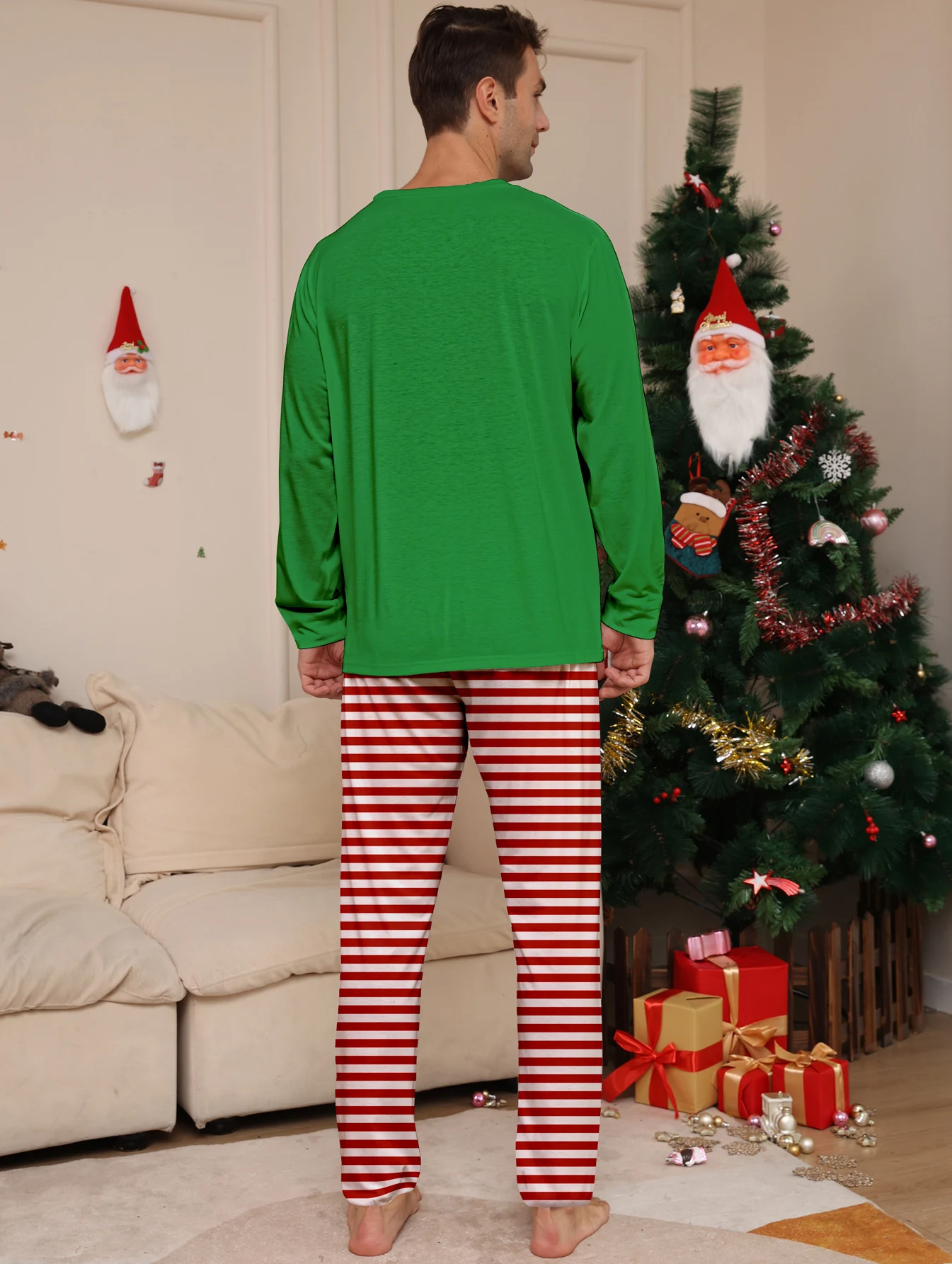 Christmas Couple Sleepwear Set Elf "Happy HoHoHo to You" Green Top Red White Striped Pajamas