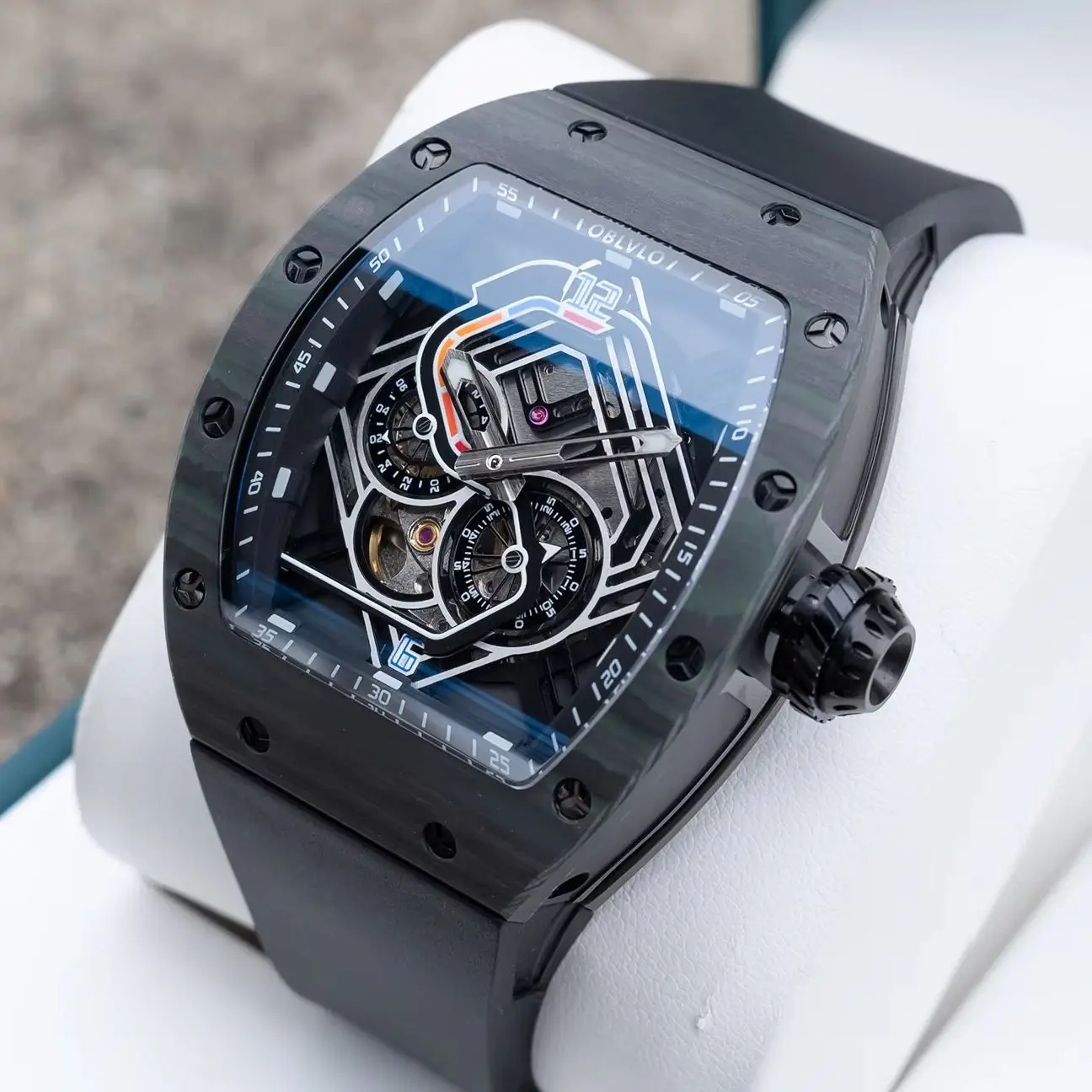 OBLVLO Men Automatic Watch Tonneau Mechanical Wristwatch Luminous Waterproof Sapphire Mirror Skeleton Race Track Dial FKM Strap