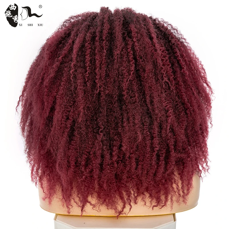 Perruque Synthétique Afro Crépue et Bouclée pour Femme, Faux Cheveux Afro Fluffy, Turban Rond, Ombré Noir Bordeaux, 18 Pouces