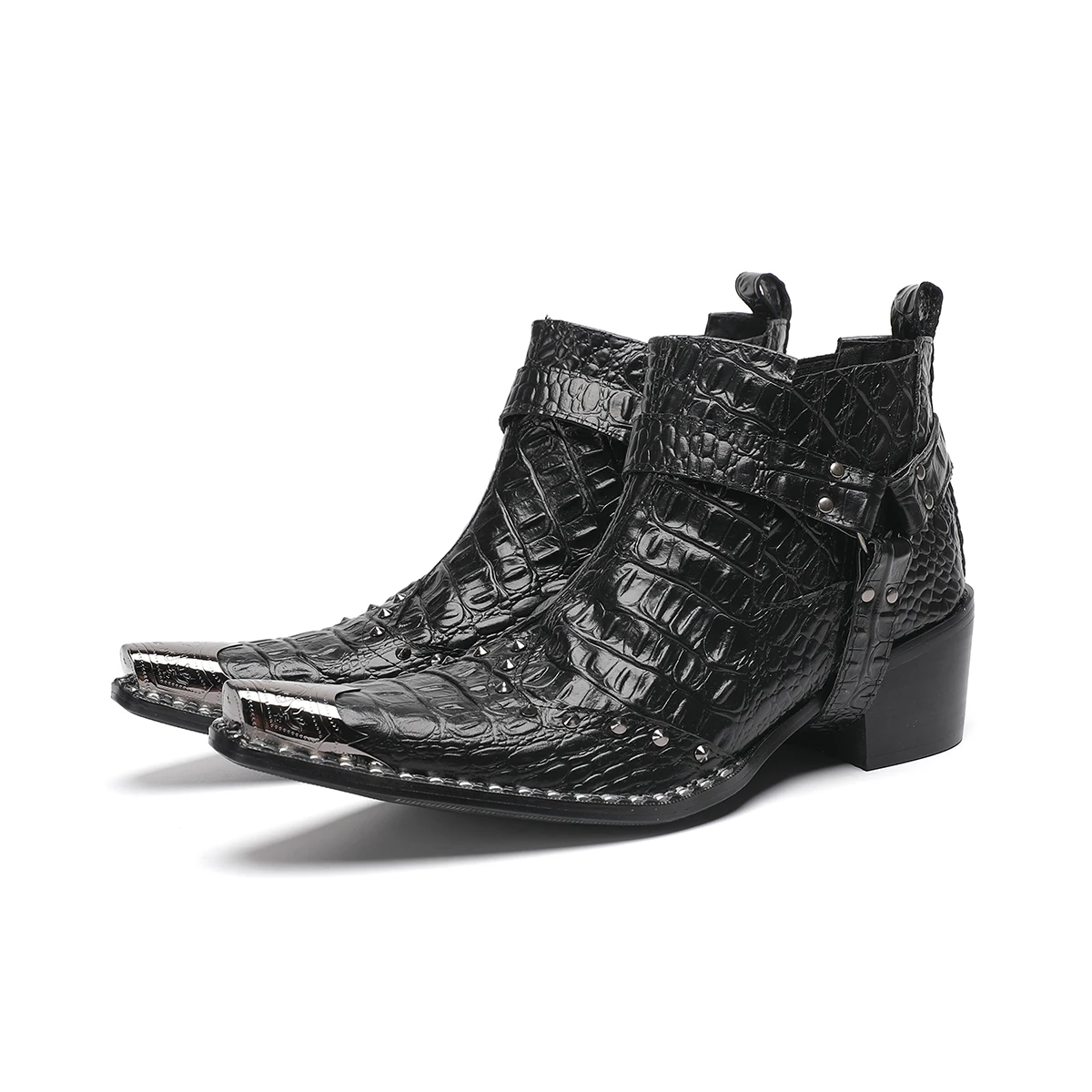 Botas Designer Black Pointed Toe Men Real Leather Ankle Boots Big Size Male Party Shoes Rivets Zip Cowboy Motorcycle Short Boots