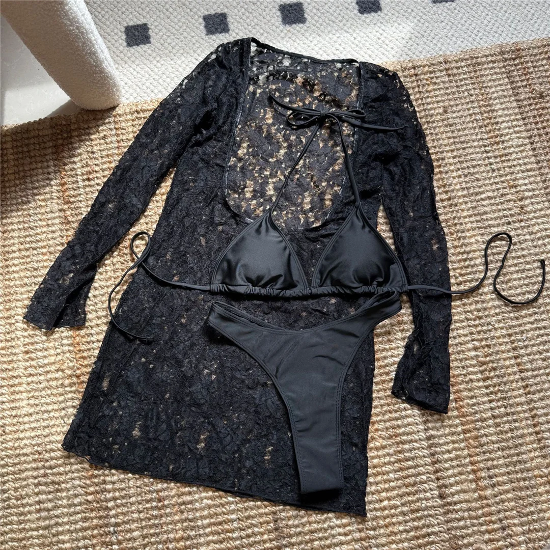 Mit langen Ärmeln, als Überwurf getragen, Neckholder-Bikini, Damen-Badeanzug, dreiteiliges Bikini-Set, Damen-Bademode, Badeanzug, Schwimmanzug V6695 – Detail 13