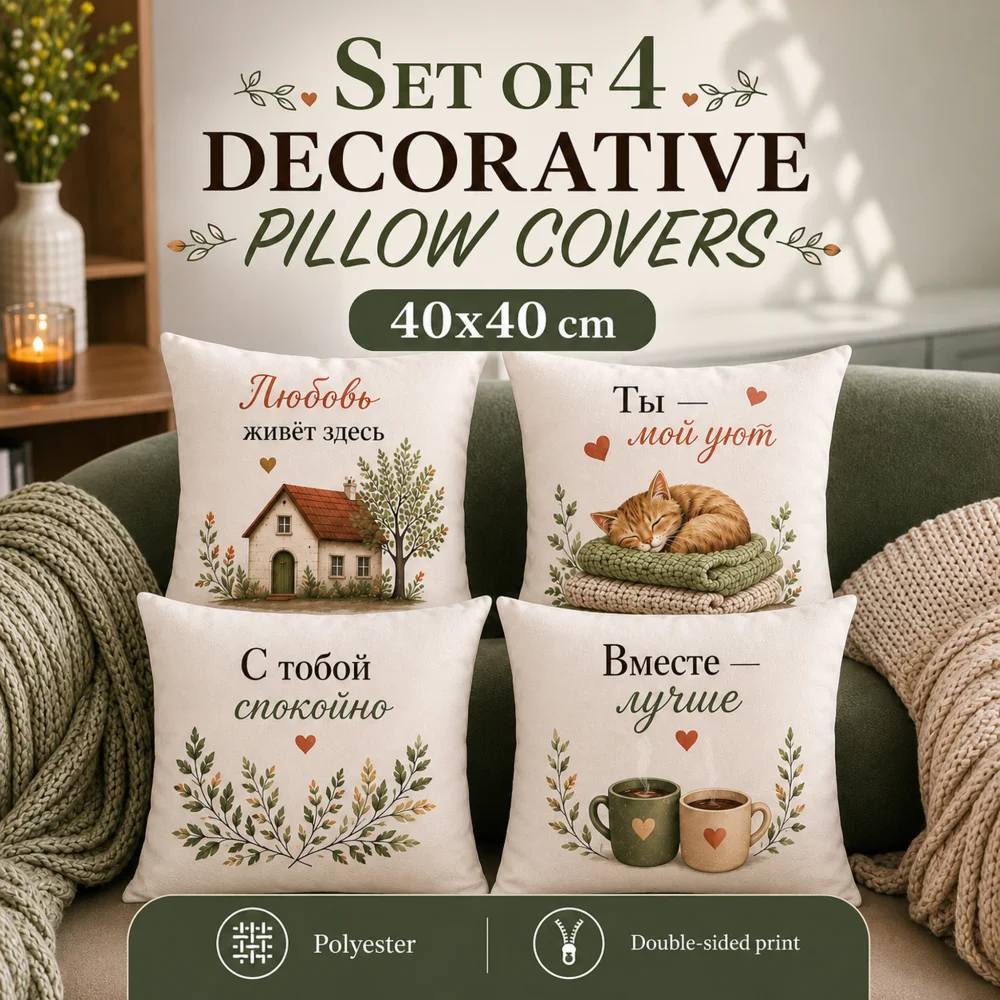 4-piece set of Russian warm quote cushion covers 40×40cm, vintage cat and house double-sided print sofa cushion covers, pillow insert not included