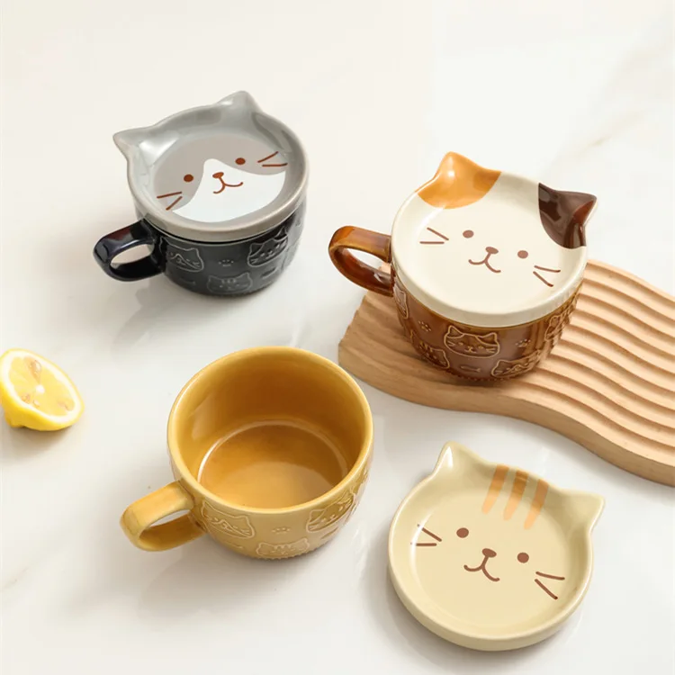 Japanese cartoon mug ceramic cup with lid animal water cup cat cup high beauty coffee cup