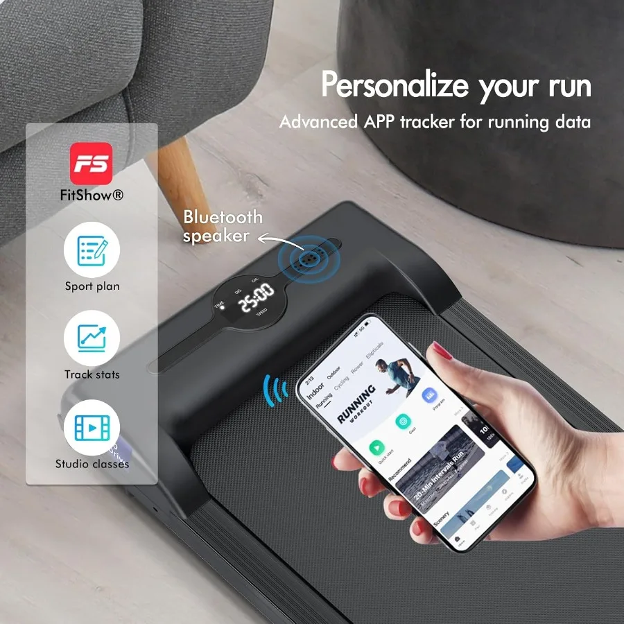 وسادة مشي 4 في 1 مع شريط مقود، جهاز مشي هادئ قابل للطي تحت المكتب بسعة 2.7 حصان مع مكبر صوت بلوتوث، مداس جري صغير محمول