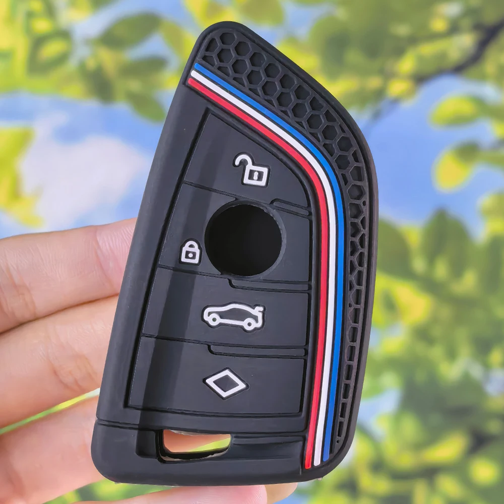 Silicone Honeycomb Racing Stripe Key Fob Shell for BMW X1 X3 X4 X5 X6 F15 F16 F48 G30 G11 7 Series, long wrist strap included