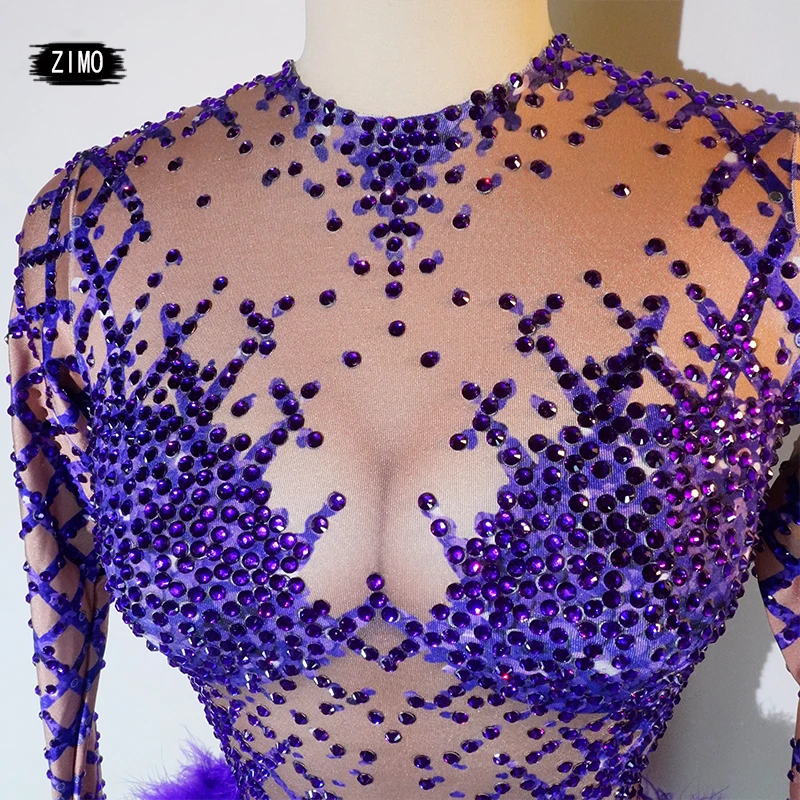 veer paars sexy fonkelende strass bodysuit met lange mouwen paaldans kleding party club prestaties DS podium turnpakje kostuum