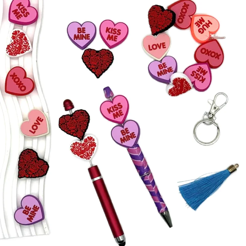 10/20PCS Valentine\'s Day Series Silicone Focal Beads DIY Necklaces Plastic Pen Beads Key Chains Car Decoration Chains Bag Chains