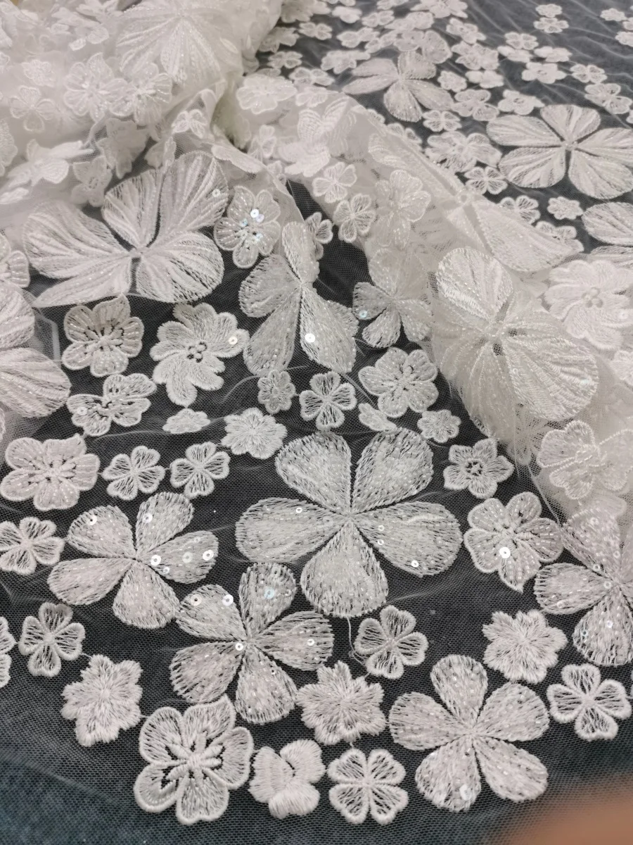 1Yard 130CM Height Embroidery Flower Mesh Fabric Luxury Bride Wedding Gown Sewing Fabric 2023 NEW