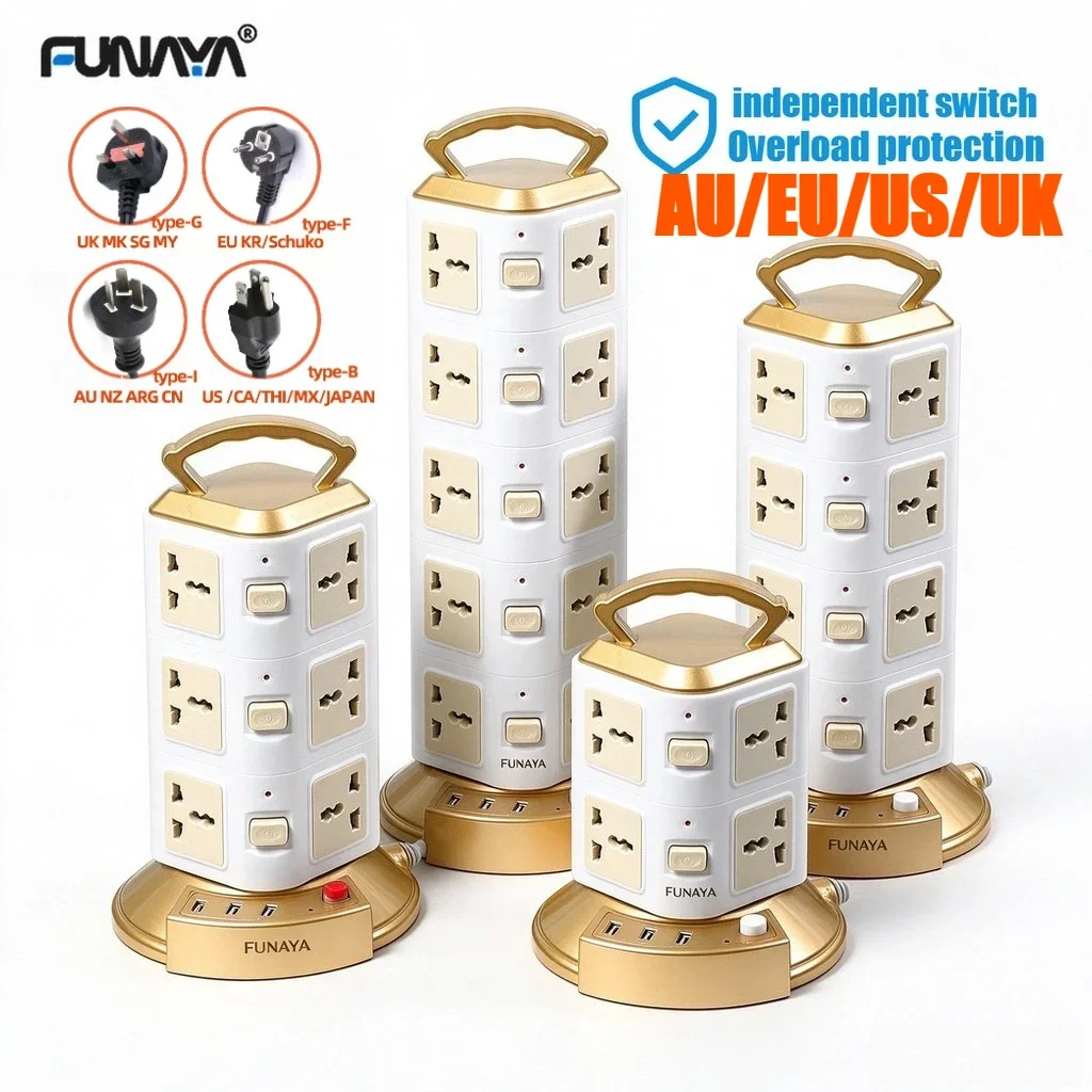 FUNAYA Tower Desktop Vertical Extension Socket Multi Plug with EU US UK AU Plug USB Overload Protection Office Electric Outlets