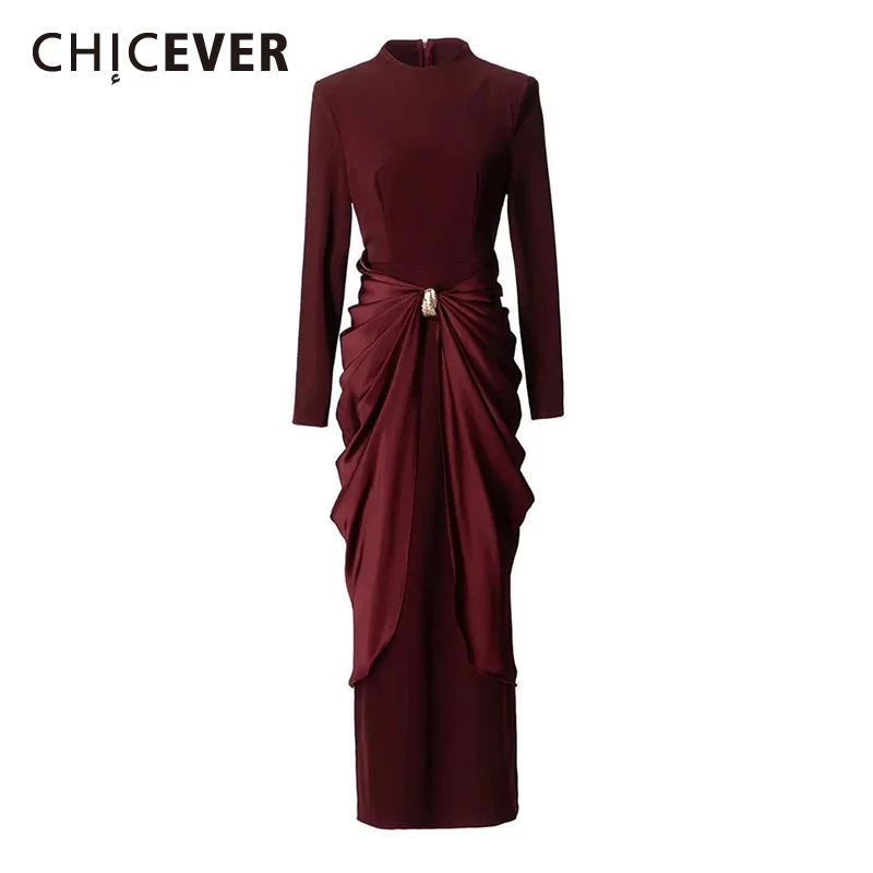 

Платье CHICEVER для женщин: элегантное, с пайетками, круглым вырезом, длинными рукавами, завышенной талией, пэчворк, со складками