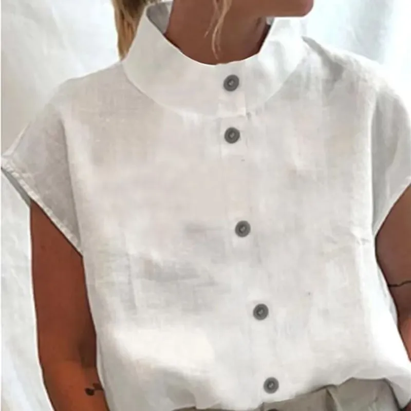 Cotton Linen New Short Sleeve Flower Lace Patchwork Women Shirts Elegant Solid White Casual Work Wear Blouses Tops