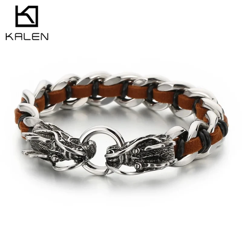 Kalen Stainless Steel Dragon Bracelet for Men Punk Tiger Head Accessory Bracelet Vintage Animal Charm Leather Jewelry Wholseale