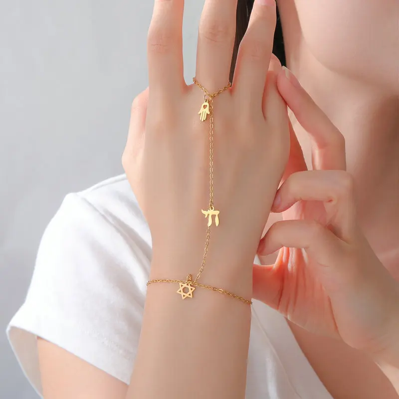 Jüdischer Davidstern Hebräischer Buchstabe Chai Fingerarmband Edelstahl Verstellbares Hexagramm Zirkon Armbänder Amulett Schmuck – Detail 12