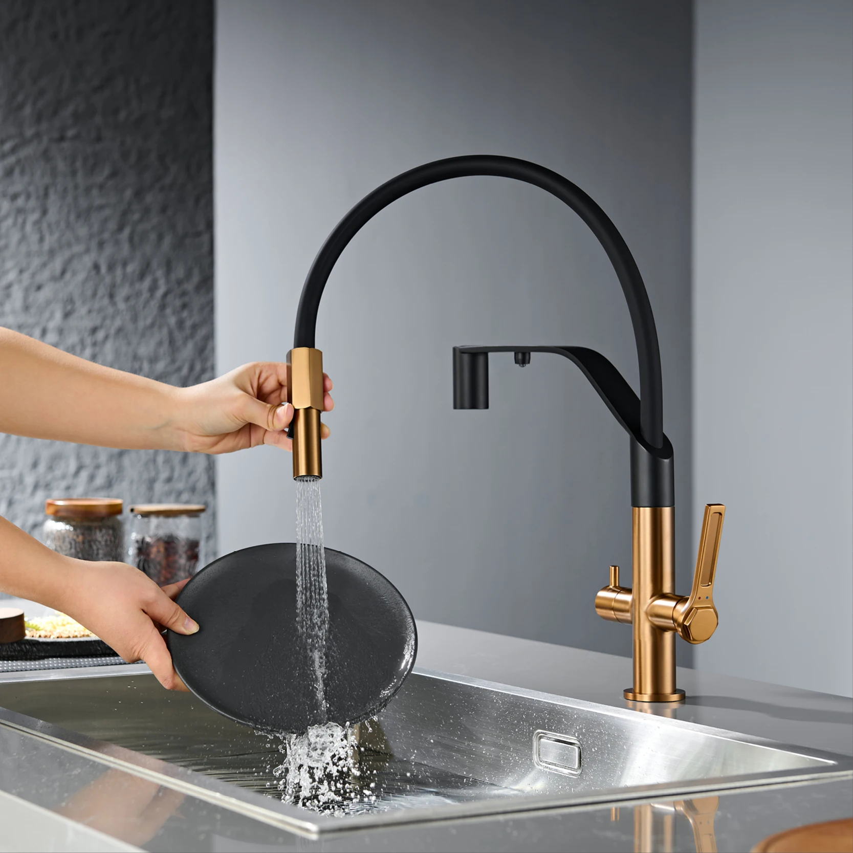 Modern Gun-Grey Stainless Steel 3-In-1 Kitchen Faucet With Filtered 1 Hole Double-Handle Mixer For Cold&Hot Water Sink Tap