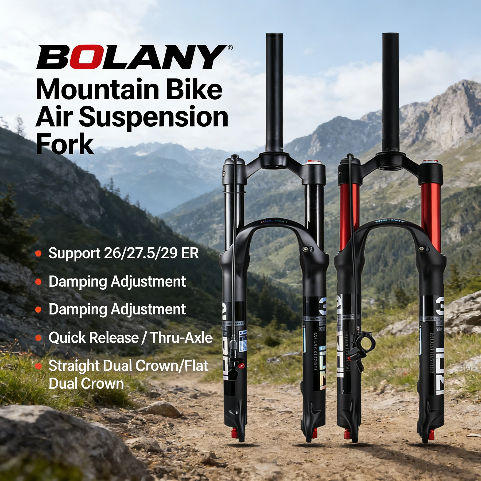 

BOLANY Mountain Bike Dual Air Chamber Suspension Fork 120mm Travel Rebound Adjustment Quick Release / Thru-Axle 26/27.5/29 ER