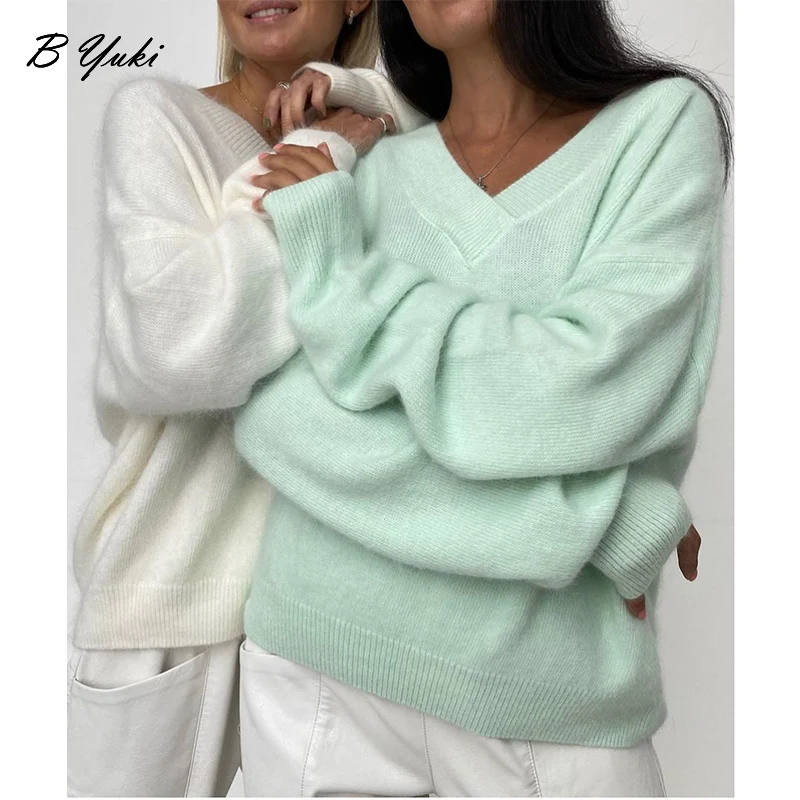 Blessyuki Soft Cashmere Sweater Women 2023 New Casual Loose V-Neck Basic Knitted Pullovers Female Korean Simple Lazy Jumper Tops