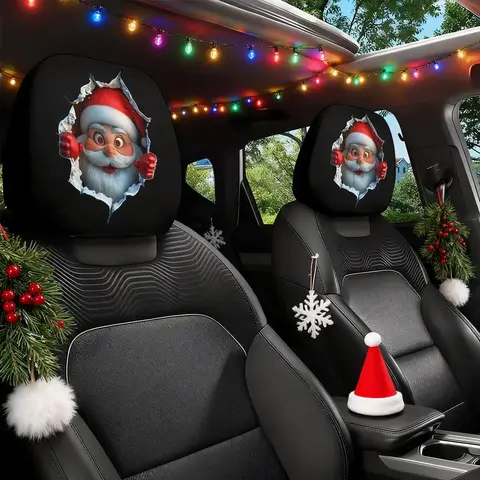 Christmas Santa Claus Car Headrest Cover, Auto Seat Headrest Pillow Case Protector, Fashion Decor Gift for Xmas