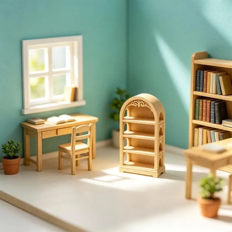 1:12 Scale Miniature Bookshelf with European Arched Detail, Open Shelf Design for Dollhouses Library Styling, Model Room