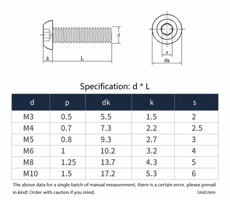 M3 M4 M5 M6 M8 M10 304 Stianless Steel 500h Passivation Salt Spray Hexagon Socket Button Screw Hex Allen Round Bolt