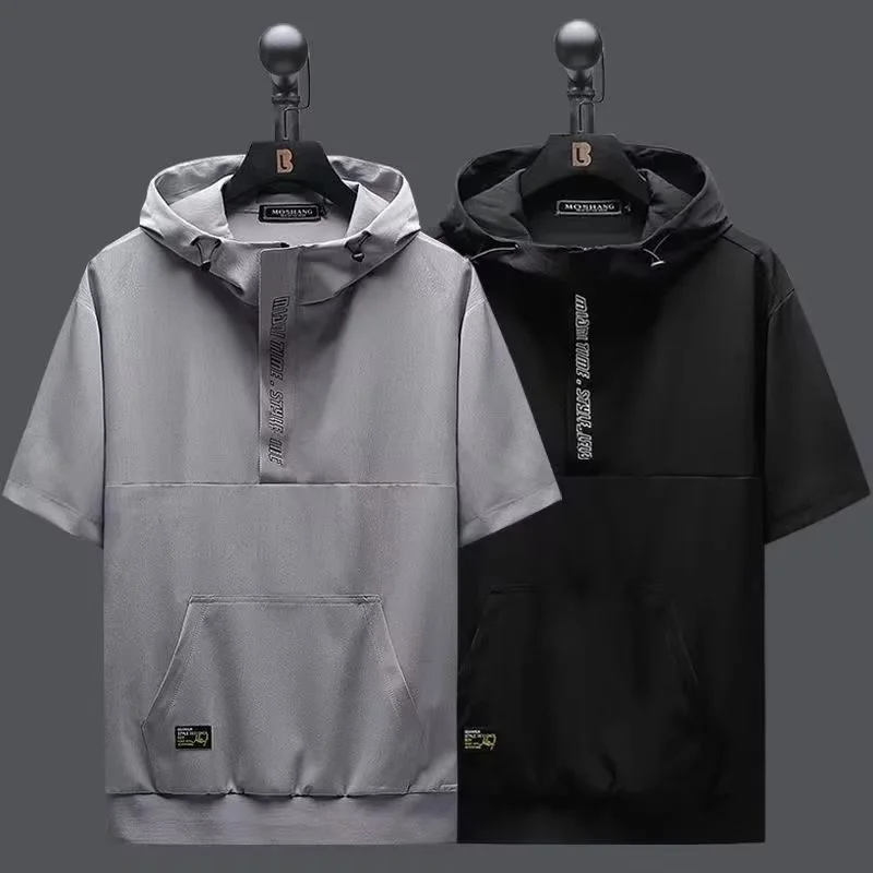 New Fashion Streetwear Hooded T-Shirts For Men Hip Hop Techwear Y2K Tee Tops Summer Letter Short Sleeve Sports Tshirt Clothes