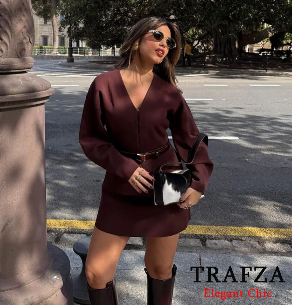 TRAFZA-Women Fashion Knit Skirt Set Reddish Brown Knitted Top Coat and A-Line Skirt New 2025 Spring Autumn Vintage Romance Set