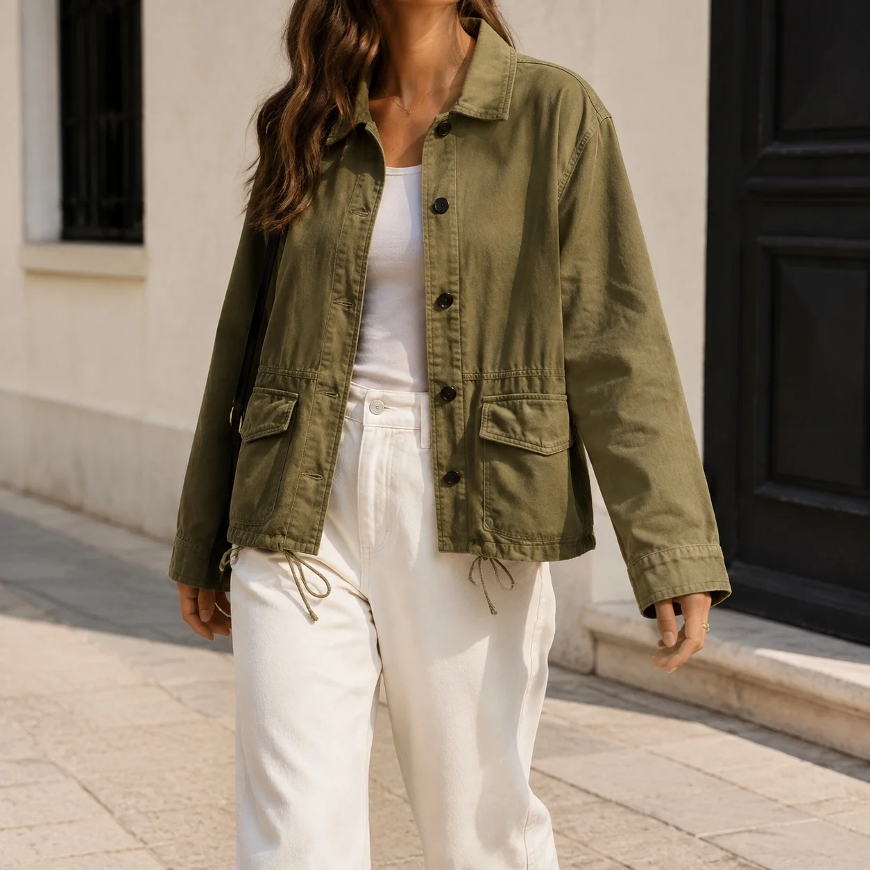 Long Sleeve Loose Fit Coat with 3D Effect Pattern Distressed Single Row Multi Button Closure Casual Mid Long Length Women Jacket