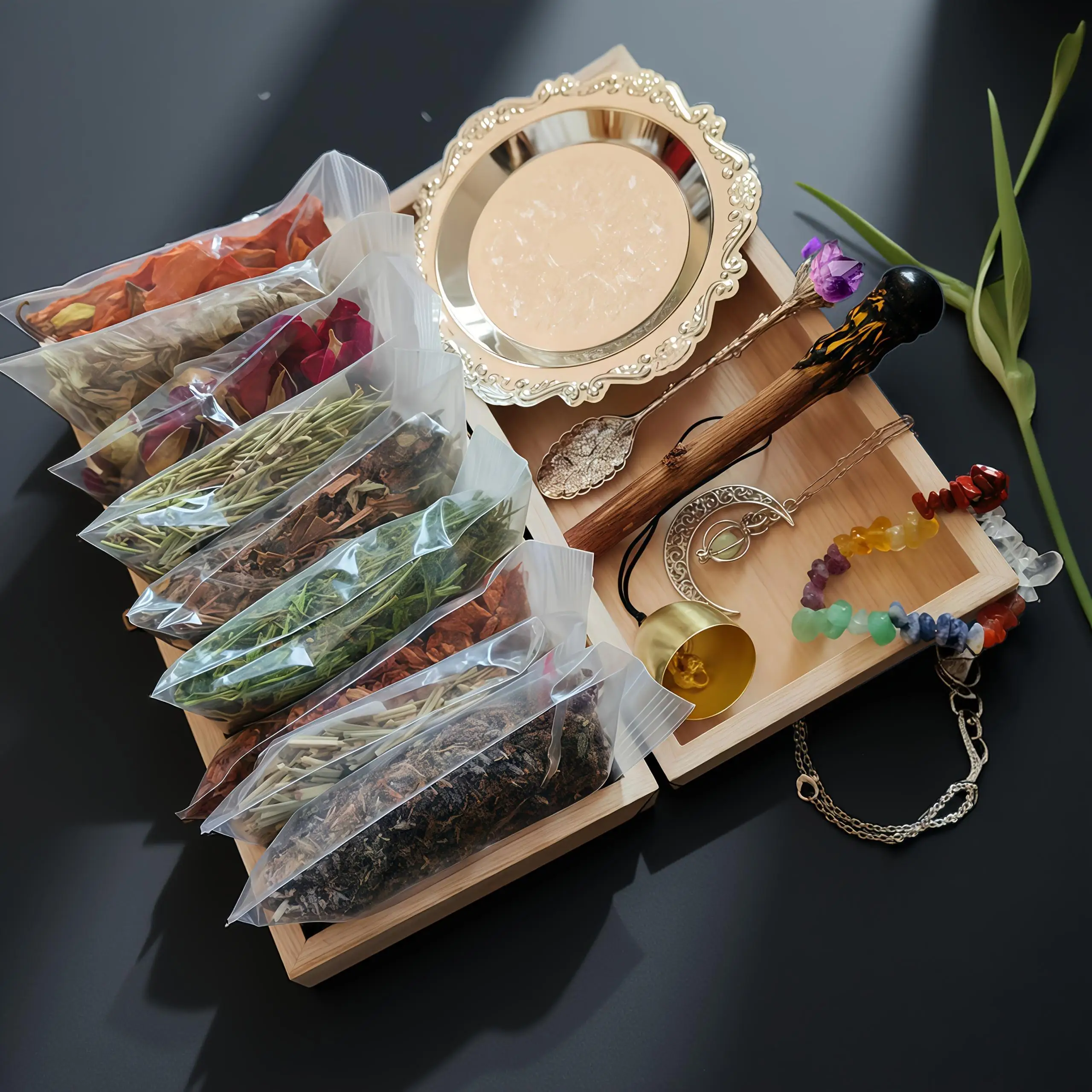 Beginner Witchcraft Starter Set with Wooden Gift Box, Genuine Crystals, Dried Flowers & Herbs, Vintage Ritual Tools, Ideal for Teacher Appreciation Gifts, Halloween Decor & Pagan Altar Practice